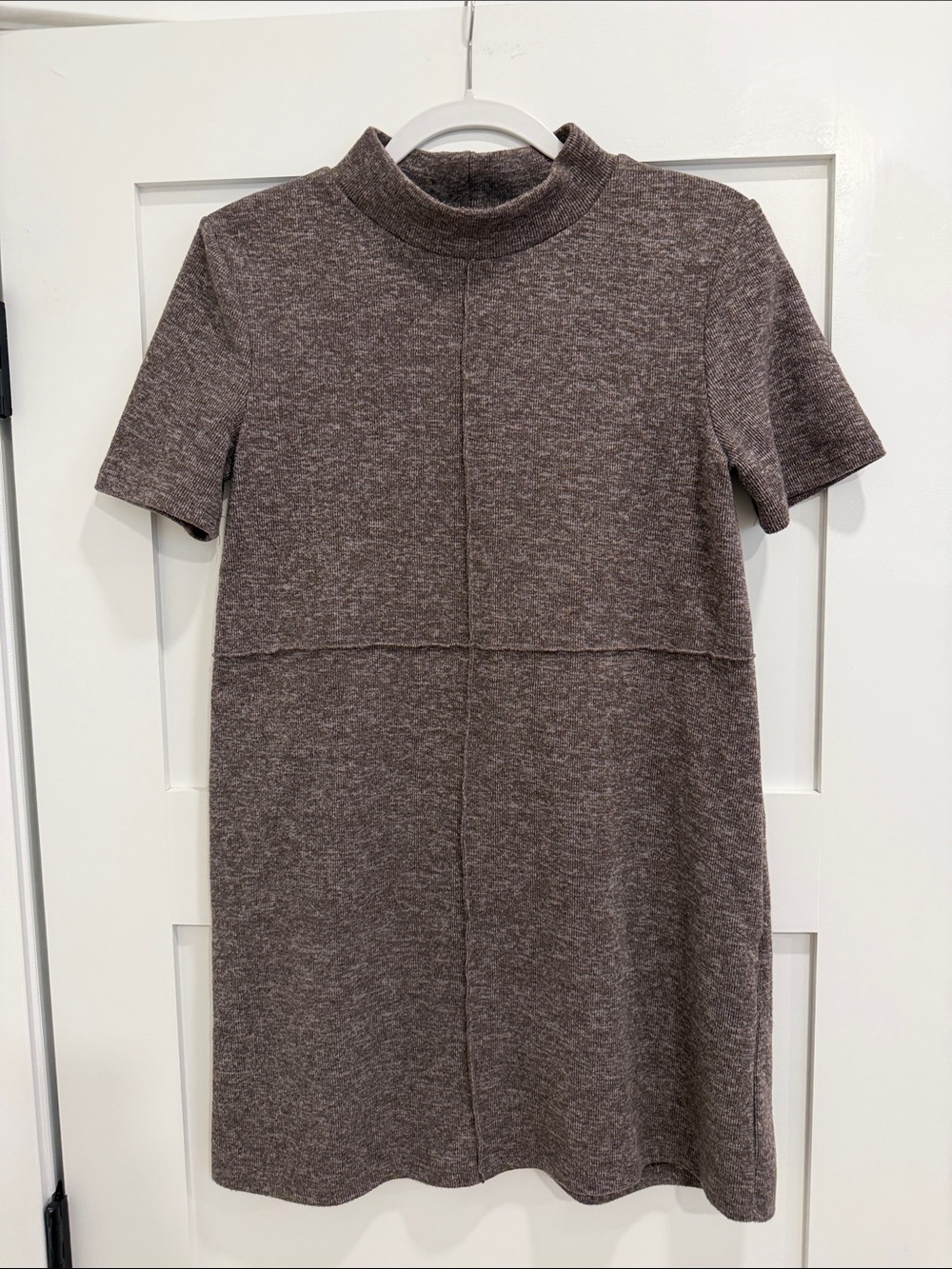 ZARA Brown Heathered Ribbed Mock Neck Mini Shift Dress Short Sleeve M
